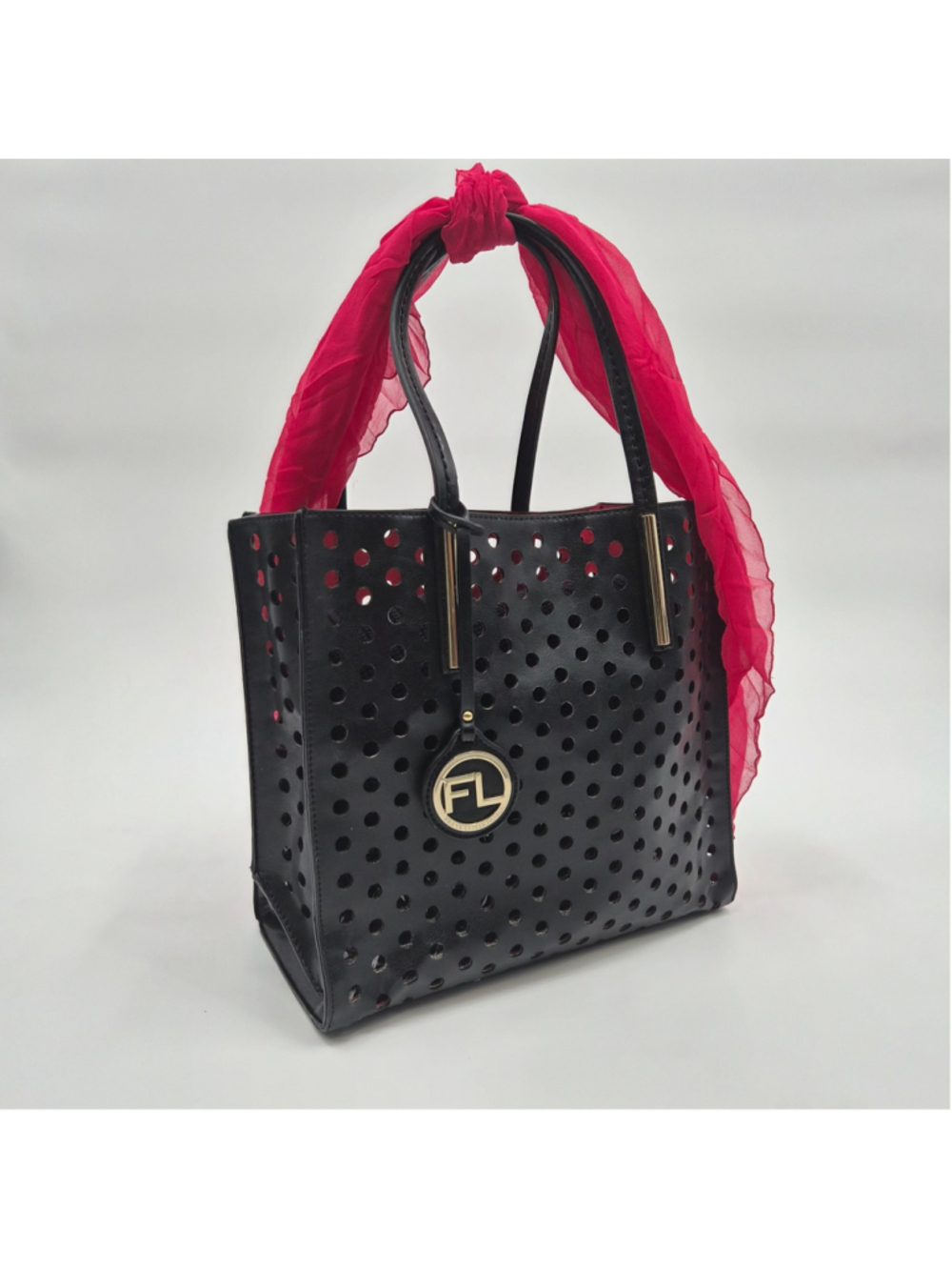 Frank Lyman Design Black Cutout Tote Bag Gold Logo Hardware Structured Handbag